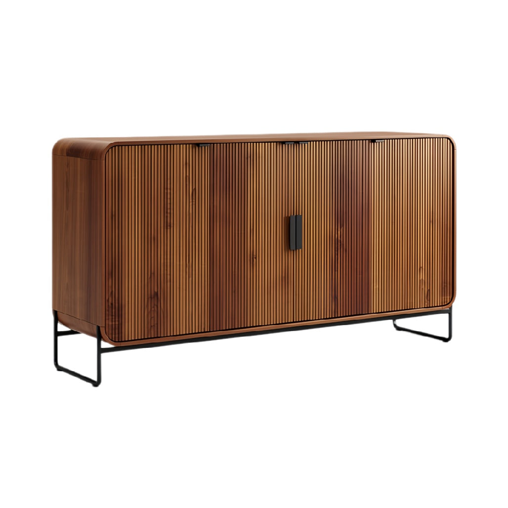 Technische titel in het Nederlands: **Moderne houten dressoir met verticale lijnen en zwart metalen onderstel**