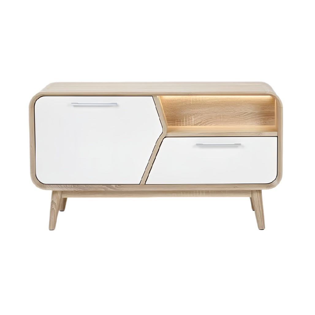 **Technische titel in het Nederlands: Moderne houtlook dressoir met glanzende deuren**