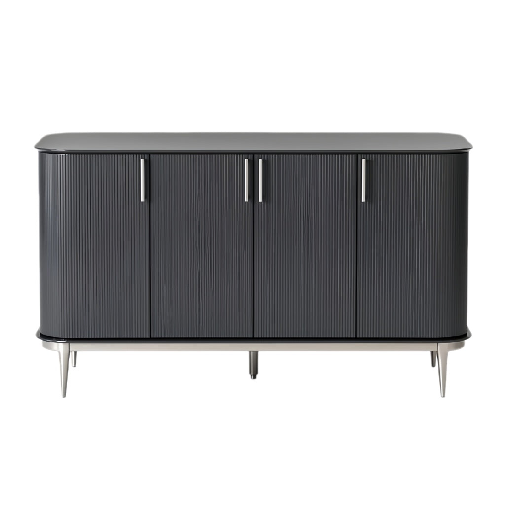 **Technische titel in het Nederlands: Moderne zwarte dressoir met gestreept ontwerp en metalen handgrepen**