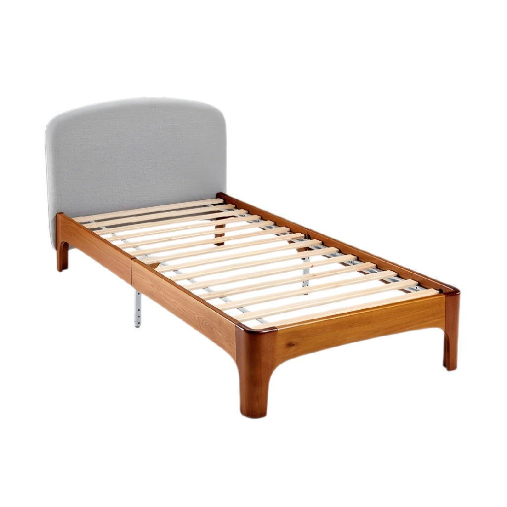 Technische titel in het Nederlands: **Moderne Eenpersoonsbed met Houten Frame en Stoffen Hoofdbord**
