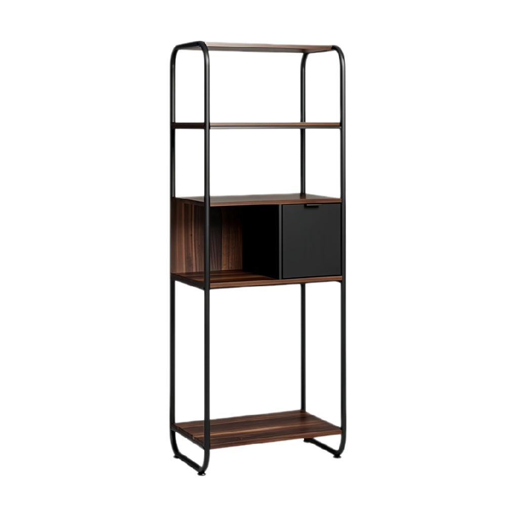 **Moderne open boekenkast met metalen frame en houten planken**